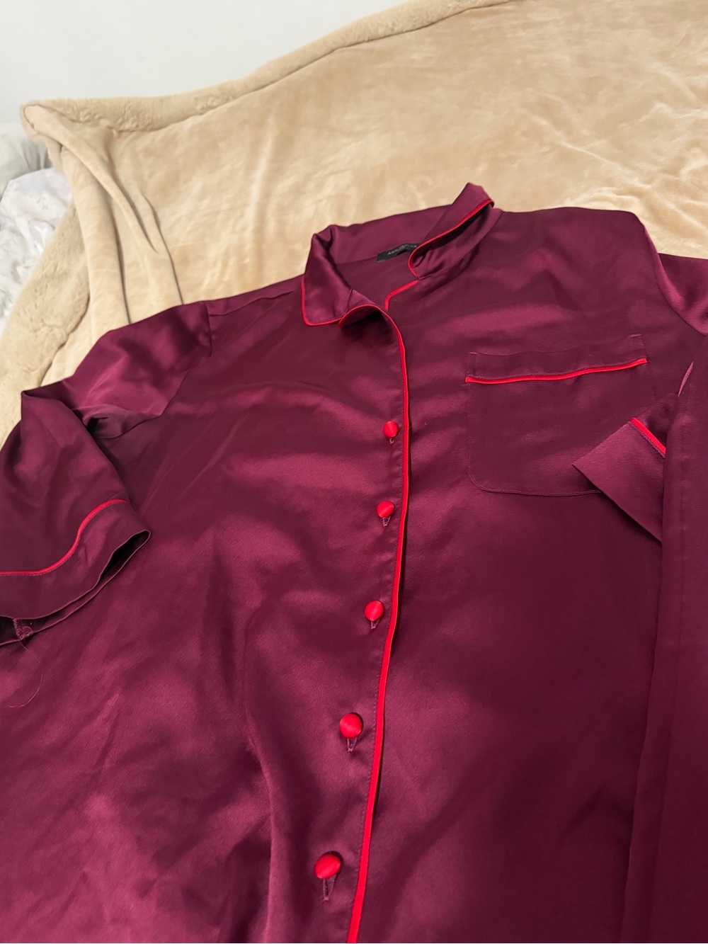 Ann Taylor Silky Satin-Style Burgundy Pajama Set with Red Trim Medium - Picture 2 of 5